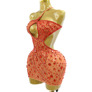 <span class=keywords><strong>Mini</strong></span> Abito da Donna <span class=keywords><strong>in</strong></span> Rete Trasparente Arancione Rosso con Strass, Halter, Cut-out, Bodycon, per Spettacoli e Serate - Product Image 2