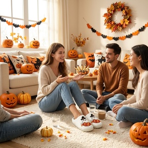 Chaussons <span class=keywords><strong>d</strong></span>'Halloween brodés de dessins animés, antidérapants avec semelle <span class=keywords><strong>en</strong></span> caoutchouc, mignons fantômes, citrouilles, chauves-souris, pour chambre, maison, hôtel, cadeau de vacances - Product Image 3