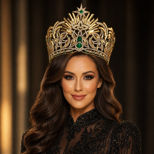 Couronne de Reine de <span class=keywords><strong>Luxe</strong></span> Plaqué Or avec Émeraudes et Cristaux Étoilés, Tiara Ronde Complète pour Concours de Miss Beauté - Product Image 3