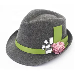 丝带花装饰优雅女士复古宽边软绒钟形帽子时尚畅销书法兰绒花帽
