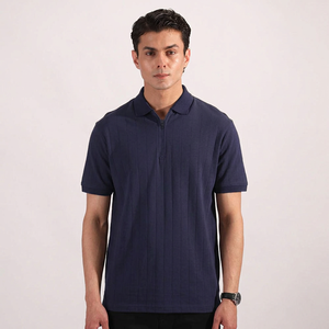 Men's Knitted Short Sleeve <b>Polo</b> <b>Shirt</b> Solid <b>Navy</b> <b>Blue</b> Zipper Casual Style Regular Fit - Product Image 2