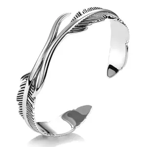 Vintage Punk Silver Color Feather Cuff Bracelet for Men Women Wrist Adjustable Charm Bracelet Jewelry Birthday Gifts