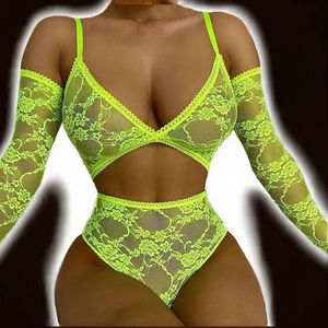 Комплект кружевного нижнего белья зеленого цвета с цветочным узором, с длинными рукавами и стрингами для женщин, сексуальная клубная одежда, прозрачная одежда - Product Image 2