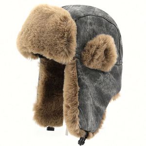 Chapeau rétro pour homme, chapeau d'hiver en coton lavé, chapeau de trappeur épais pour le ski en plein air avec fourrure - Product Image 1