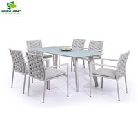 Fauteuil de salle à manger d'extérieur moderne en aluminium avec coussin, chaise de patio empilable en corde tressée pour mobilier de terrasse d'hôtel et de complexe hôtelier