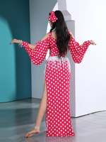 Robe de danse orientale Baladi pour femmes, imprimé à pois, ensemble de 4 pièces pour la pratique de la danse orientale, avec découpes aux épaules et à la taille