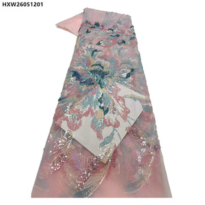 Nueva Tela de Encaje Francés con Lentejuelas y Flores Bordadas, Tela de Encaje Floral con Cuentas de Lujo - Product Image 1
