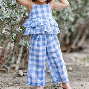 Nouvel ensemble d'été personnalisé pour enfants : haut et pantalon à carreaux en coton tissé, deux pièces pour filles - Product Image 2