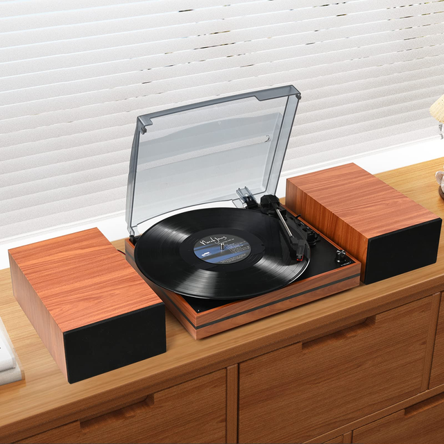 Phonograph Vintage Turntable BT Vinyl Record Player Twin Built-in Stereo Speakers Auto Stop RCA Output With Full Size Platter