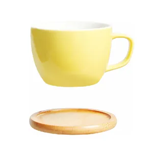 Taza de café turco italiano de cerámica amarilla de 11oz y 350ml, taza de café capuchino con leche y platillos de bambú