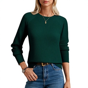 Pull à col rond vert pour femme, manches longues, tricoté, décontracté, couleur unie, anti-boulochage, 100% acrylique - Product Image 3