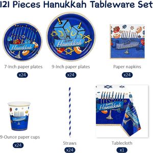 Achetez le set de vaisselle jetable HLC <span class=keywords><strong>Happy</strong></span> Hanukkah Party, comprenant des gobelets, des assiettes et des serviettes en papier, pour décorer une fête juive, pour 24 invités, cadeaux de fête - Product Image 3