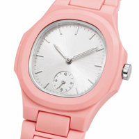 Montre habillée rose personnalisée avec logo, petit cadran secondaire, mouvement à quartz, vente directe usine