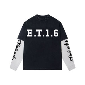 تي شيرت بأكمام طويلة بتصميم مربعات أسود وأبيض، قميص فضفاض بياقة عالية - Product Image 1