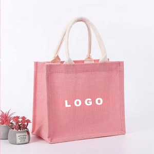 Borsa Tote in Iuta Rosa con Logo Personalizzato, Borsa per Shopping in Lino per Abbigliamento, Souvenir per Matrimoni e Regali - Product Image 1