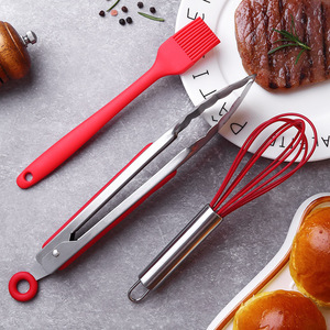 Plump Stainless Steel Tongs Set With <b>Silicone</b> Brush And Whisk For BBQ Cooking And Baking <b>Tools</b> Heat Resistant Red And Black - Product Image 1