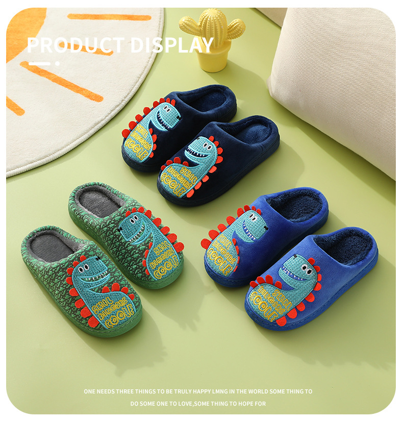 Children Winter Slippers Cotton Plush Shoes Kids Boys Girls Cartoon Dinosaur House Slippers Wholesale