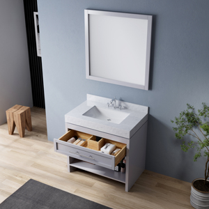 Grey Modern Solid Wood <b>Small</b> Bathroom <b>Vanity</b> with Grey Frame <b>Mirror</b> Freestanding Cabinet Carrara Marble Top 1 Drawer Open Shelf - Product Image 3