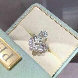 3-5mm Perfect Round Freshwater Pearl Crown <b>Ring</b>, Strong Pink Blue Overtones, <b>925</b> Sterling <b>Silver</b> Paved Diamond Statement <b>Ring</b> - Product Image 4