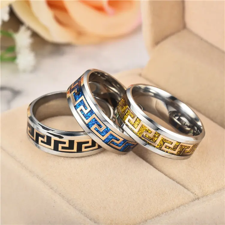 2022 New Fashion Mens And Women'S Gold Silver Personality Micro-Inlaid Glaze Great Wall Pattern Titanium Steel Rings