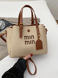 Luxury Designer Inspired Canvas Leather Trim Bucket <b>Tote</b> <b>Bag</b> Women With Embroidery Lettering - Product Image 2