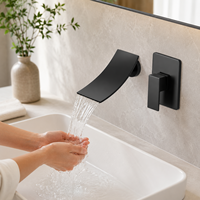 Robinet mélangeur cascade noir mural en acier inoxydable à poignée unique encastrée pour lavabo de salle de bain, vente en gros