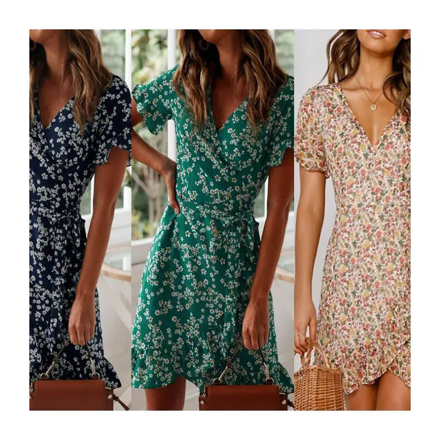 Women Dresses Summer 2022 Sexy V Neck Floral Print Boho Beach Ruffle Short Sleeve A Line Mini Dress Sundress Robe