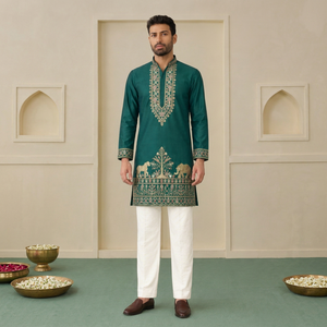 Kurta en soie verte pour homme, imprimé par transfert thermique, motif animalier, coupe droite, longueur genou, tenue de mariage traditionnelle, séchage rapide - Product Image 1