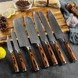 I più venduti 7 pezzi coltelli da cucina giapponesi durevoli affilati VG-10 67 strati Set di coltelli da cuoco damasco