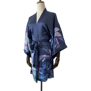 Phụ nữ tùy chỉnh lụa Kimono lỏng bãi biển Bìa up ngắn áo choàng giản dị áo Tops đối với phụ nữ