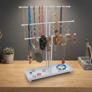 Présentoir à bijoux rectangulaire moderne avec barres réglables pour colliers, boucles d'oreilles, bracelets, bagues, organisateur de rangement blanc - Product Image 4
