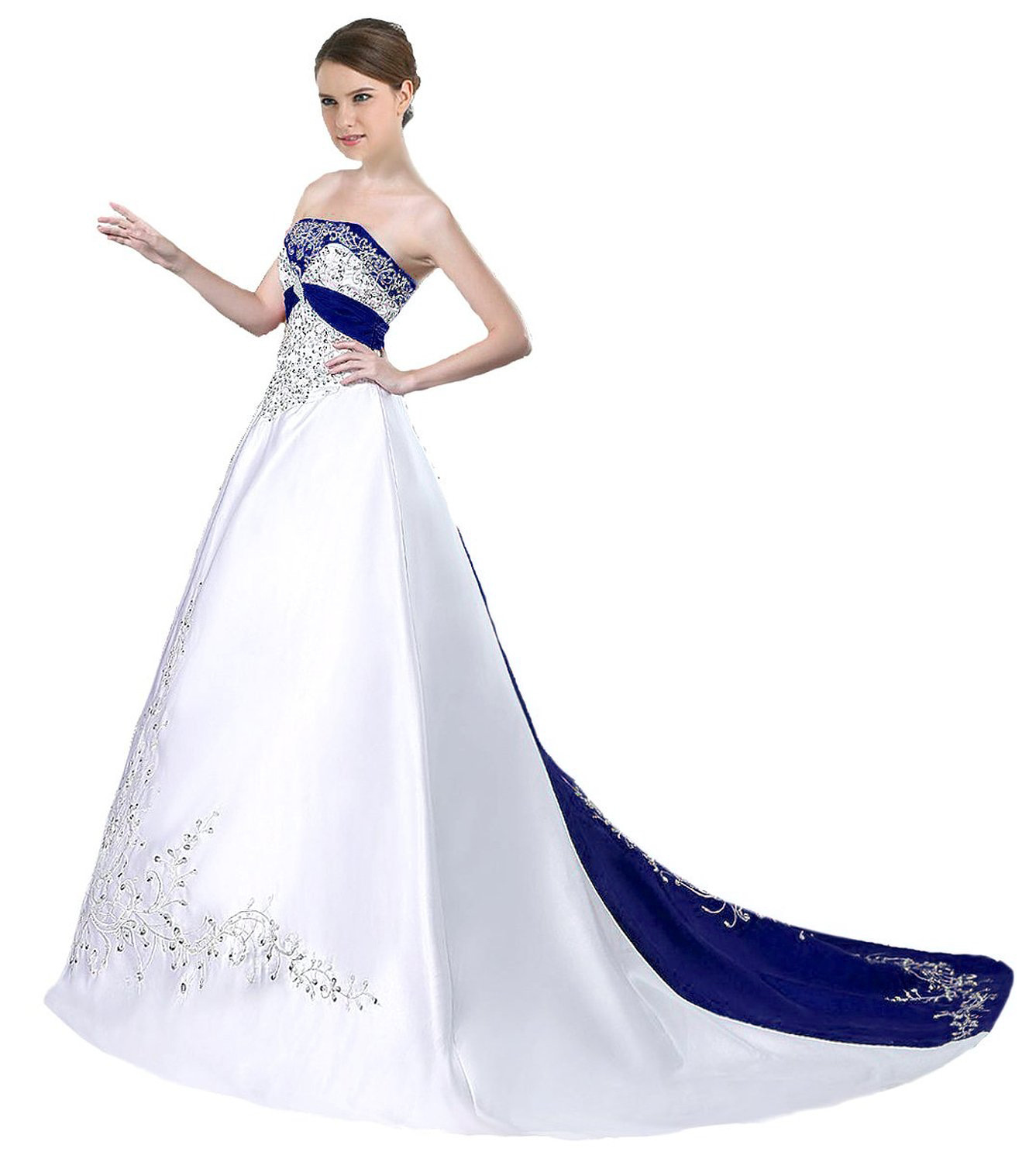 fitted lace wedding dress Dreamyannie UK White Wedding Dress A Line V Neck Sleeveless Cathedral Train  Satin Bridal Gown With Appliques main image 1