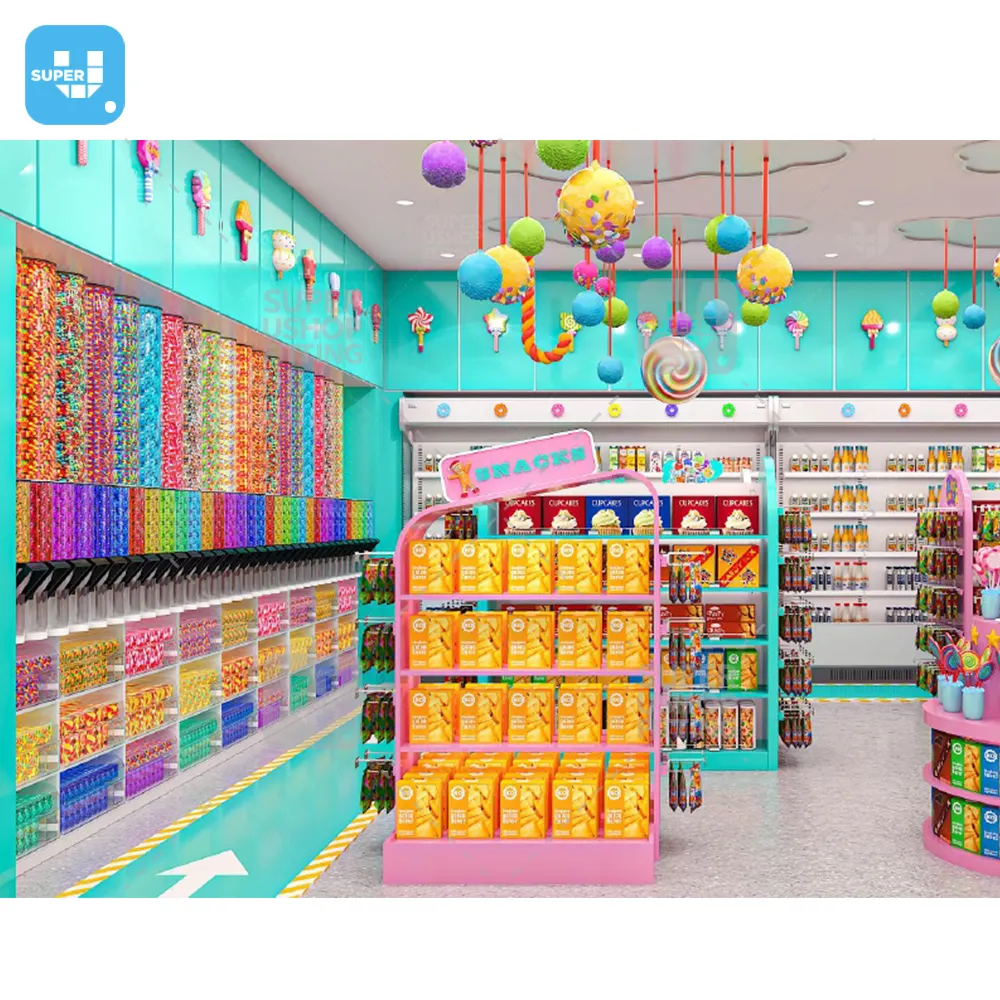 Custom Candy Shop Display Rack Snack Sweet Display Counter Wall Bulk Rainbow Sweets e Candy Display Stand com LED Light