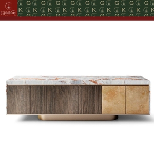 GOLDKING Mueble de <span class=keywords><strong>TV</strong></span> Moderno para Sala de Estar, Mármol Patagonia Blanco con Vetas Marrones, Madera de Nogal, Cajones de Metal Cobre, Fabricación Personalizada OEM - Product Image 3