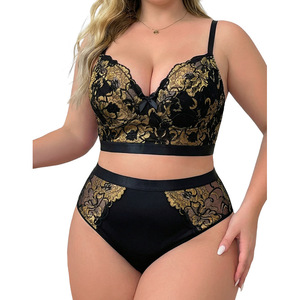 Black and gold color-blocked <b>lace</b> plus-size lingerie set, offering support, shaping, high <b>elasticity</b>, breathability, high - Product Image 5