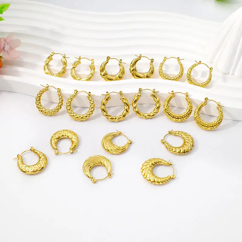 Wholesale Not Fade Chunky Geometric Hoop Earrings 18K Gold Plated Stainless Steel Jewelry Women's Fashion Hollow Earrings