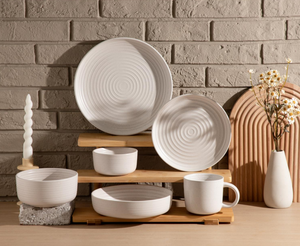 Modern Concentric Swirl Embossed <b>Ceramic</b> Dinnerware Set Speckled Matte Beige <b>Plates</b> Bowls Mugs Custom Logo Custom Color Food - Product Image 6