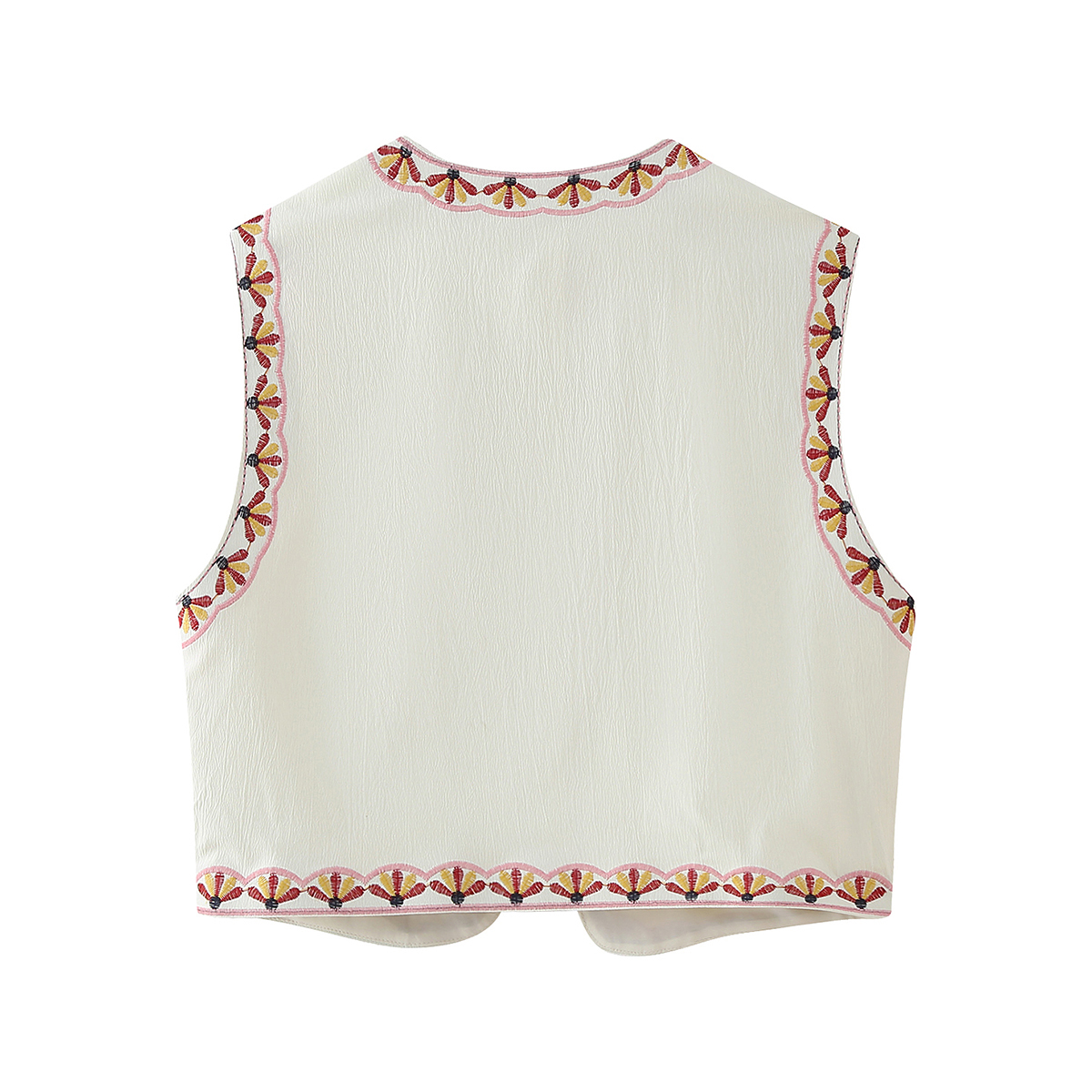 Open Stitch Floral Embroidery V Neck Beige Vest for Women