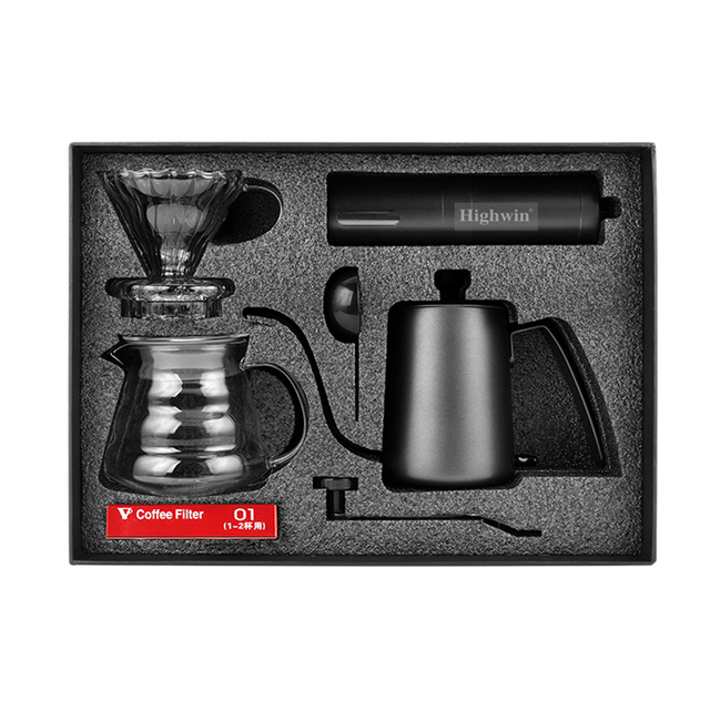 HIGHWIN Stainless Steel Kettle Borosilicate Glass Dripper Manual Coffee Grinder All in One Coffee Maker Gift Coffee Cup Set