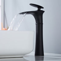Robinet de lavabo cascade noir à poser sur le comptoir, tout en laiton, monotrou, eau froide et chaude, pour lavabo de table