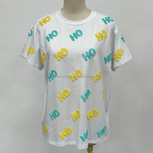 OEM Custom <strong>Xmas</strong> Sequin and Beads Embroidery HOHO Casual Cotton <strong>Tops</strong> Short Sleeve Crew Neck Oversize Text White T-Shirt <strong>for</strong> <strong>Women</strong> - Product Image 2