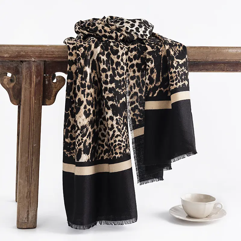 Women Cashmere Oversized Cappa Scarf Pocket Blanket Scarf Wrap Leopard Printed Tippet Winter Shawl Scarf