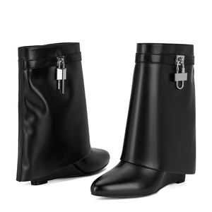 Botines de Mujer sin Cierres con Caña Ancha Plegable a Media Pantorrilla <span class=keywords><strong>Plataforma</strong></span> de Tiburón Tacón de Cuña Punta de Almendra y Candado - Product Image 4