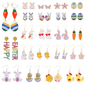 Easter Eggs Earrings Women Enamel Stud Bunny Zircon Flower Drop Earrings Cute Rabbit Dangle Earrings Colorful Easter Jewelry