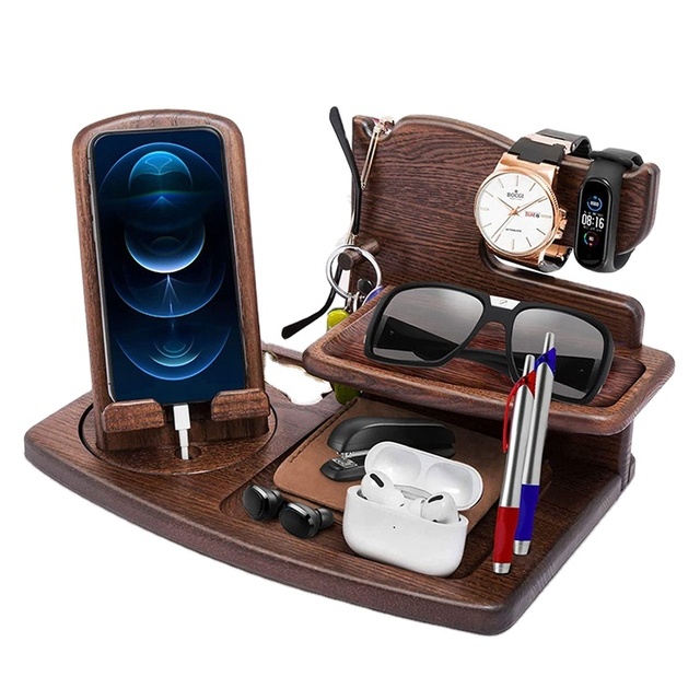 Table Top Rotating Phone Stand Ideal Craft Gifts Wooden Phone Docking Station with Key Holder