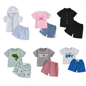 Conjuntos de camiseta y pantalones cortos de algodón para niños con diseños estampados para niños y niñas, conjuntos de verano - Product Image 5