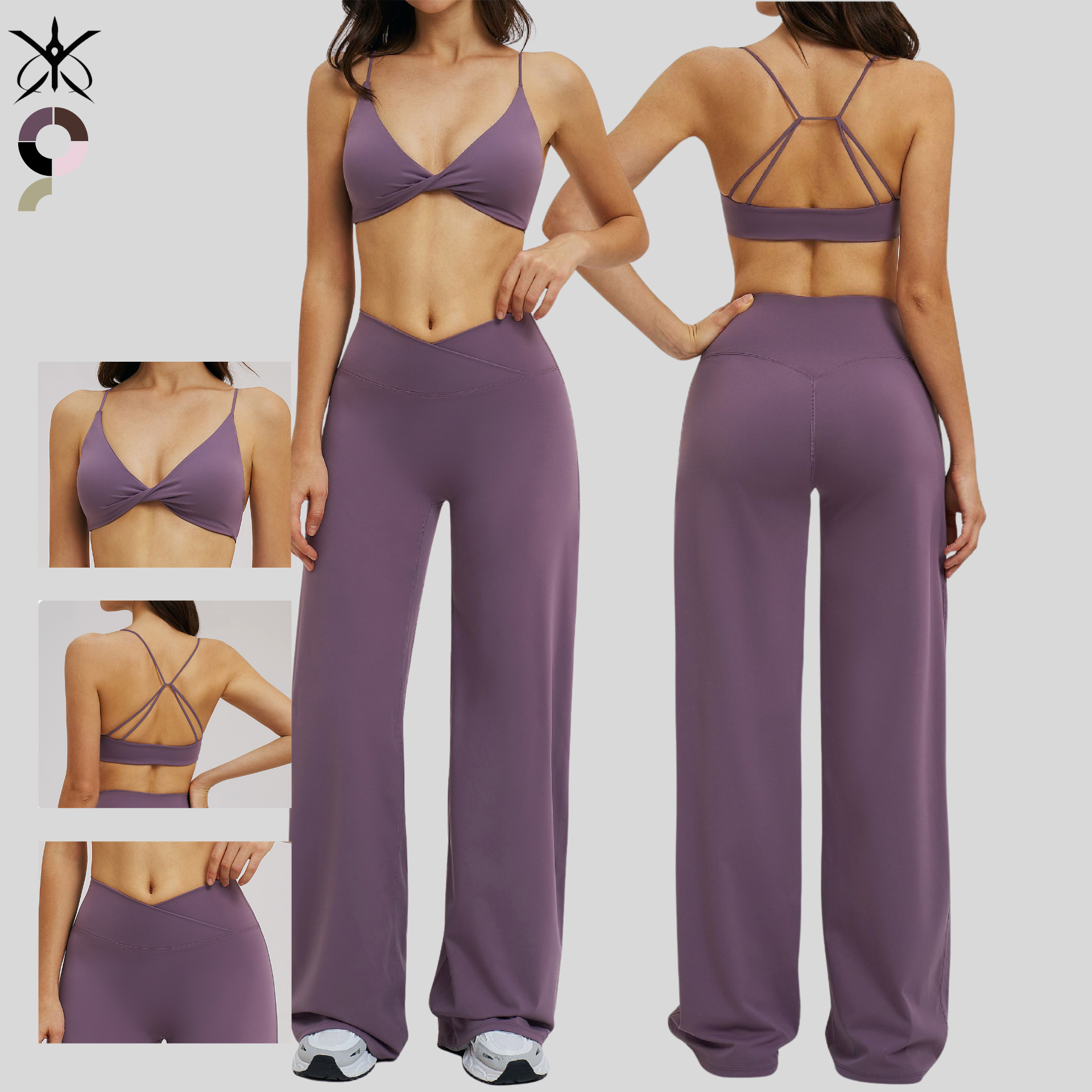 Breathable Solid-Color Yoga Set Twist-Detail Bra with Cross-Front High-Waist Pants Quick-Dry Outdoor Running Sportswear Set