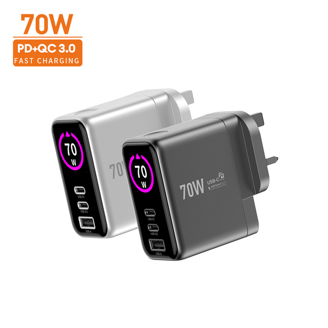 Vina 70W GaN Charger Smart AI Monitor 2C1A Ports PD3.0 QC Chargers for 5G Smartphones Mobile Phone Charger USB-C Charging