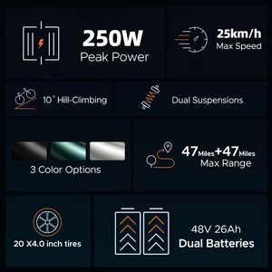 EU UK Stock <b>Electric</b> <b>Bike</b> 20In Fat Tire 48V Lithium Battery Long Range Dual Suspension 250W Rear Motor City Mountain <b>Adult</b> EBike - Product Image 3