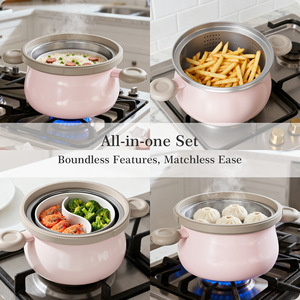 Multi-Functional Cookware Set Cream Color Frying <b>Pan</b> Steamer Pot With <b>Handle</b> Oven Safe Kitchen Set - Product Image 2
